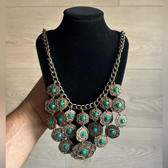 Vintage Tribal Statement Faux Turquoise Bib Necklace, adjustable up to 20” - Picture 3 of 8